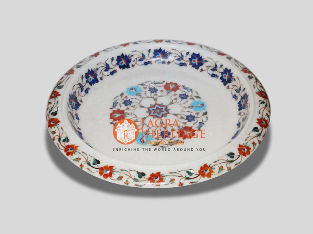 Marble Inlay Bowl Lapis Carnelian Turquoise Floral Multi Inlaid